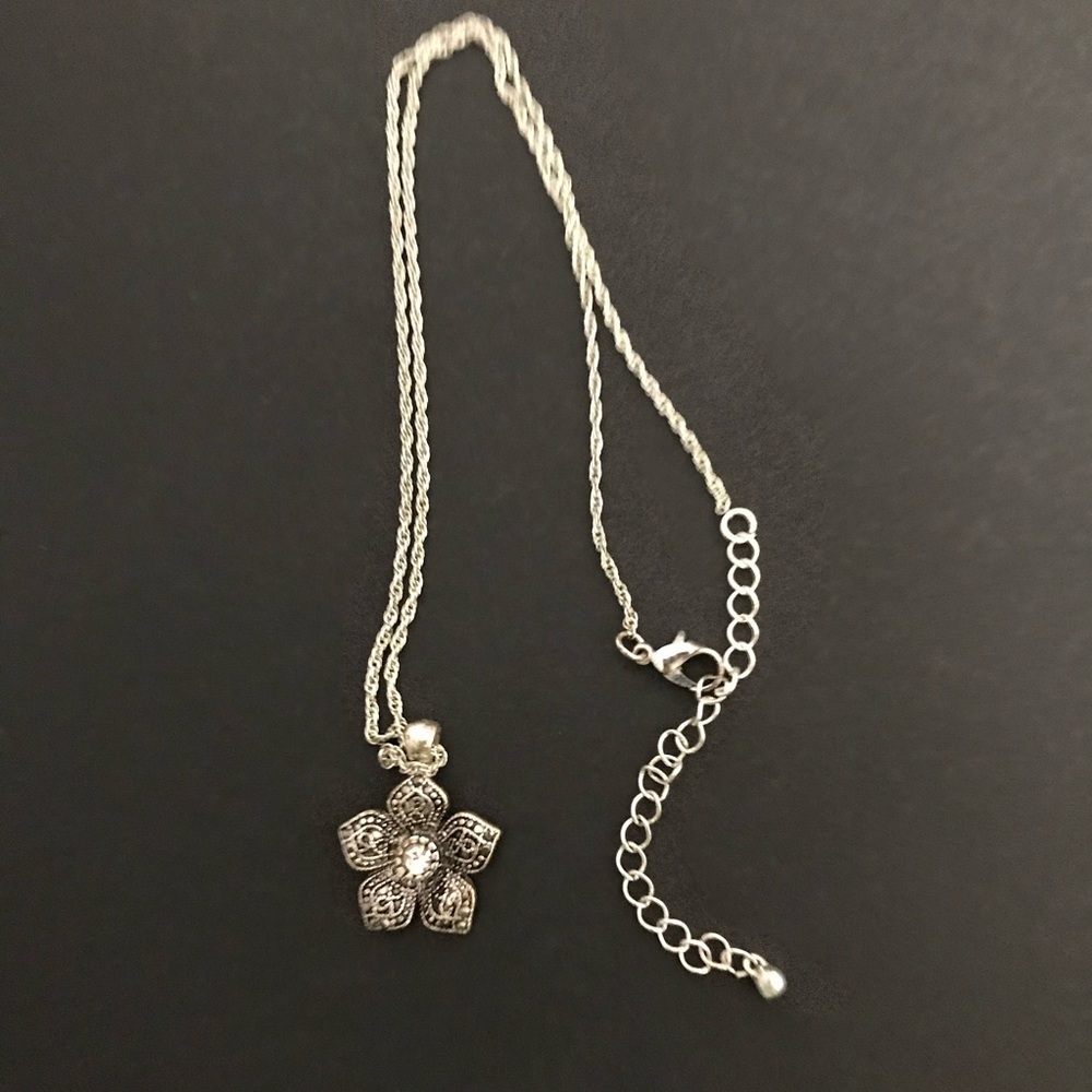 Silver Marcasite and Cubic Zirconia Flower Pendant Necklace